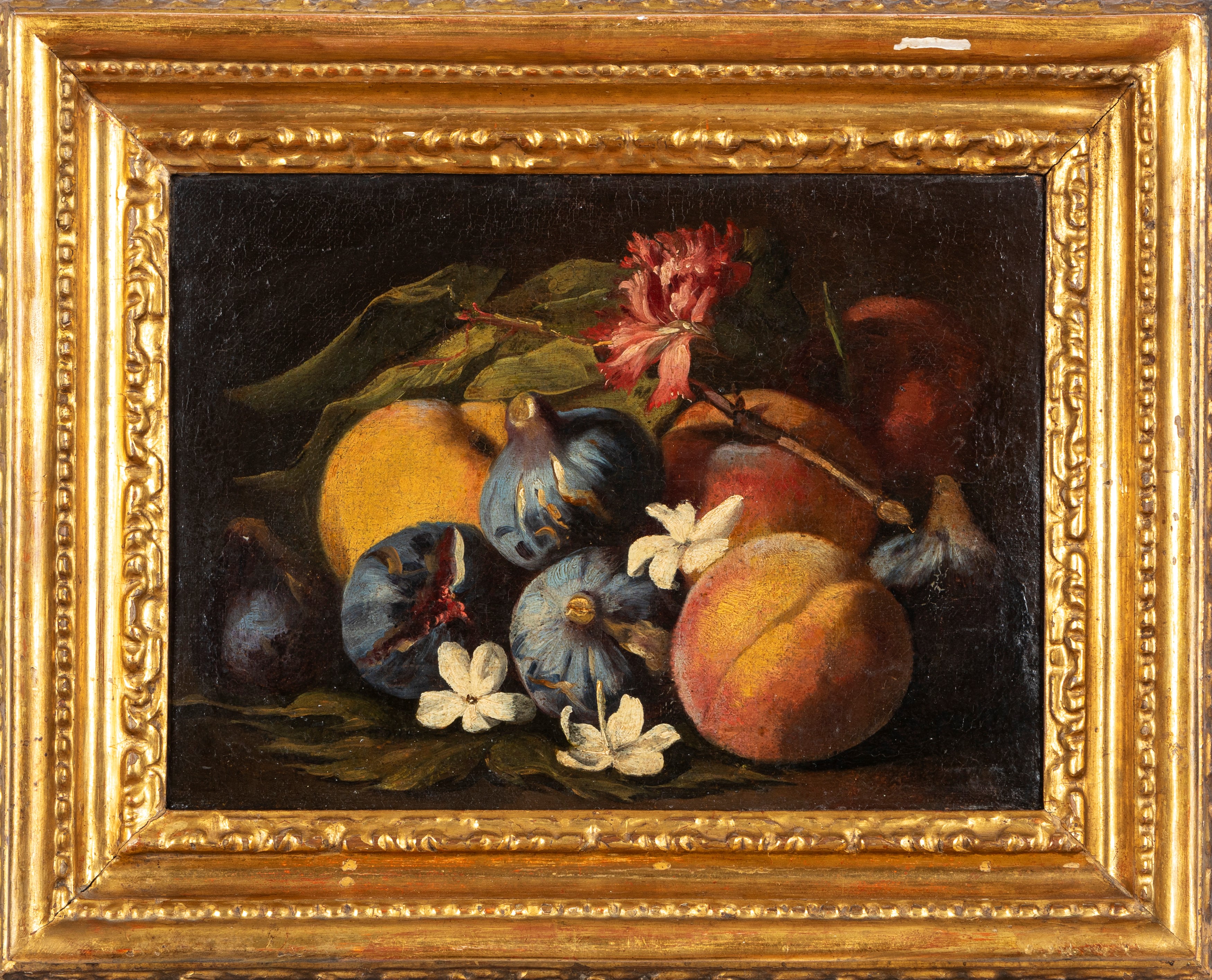 Aniello Ascione - Fichi, prugne, melograno e fiori e Fichi, pesche e fiori, coppia di oli su tela