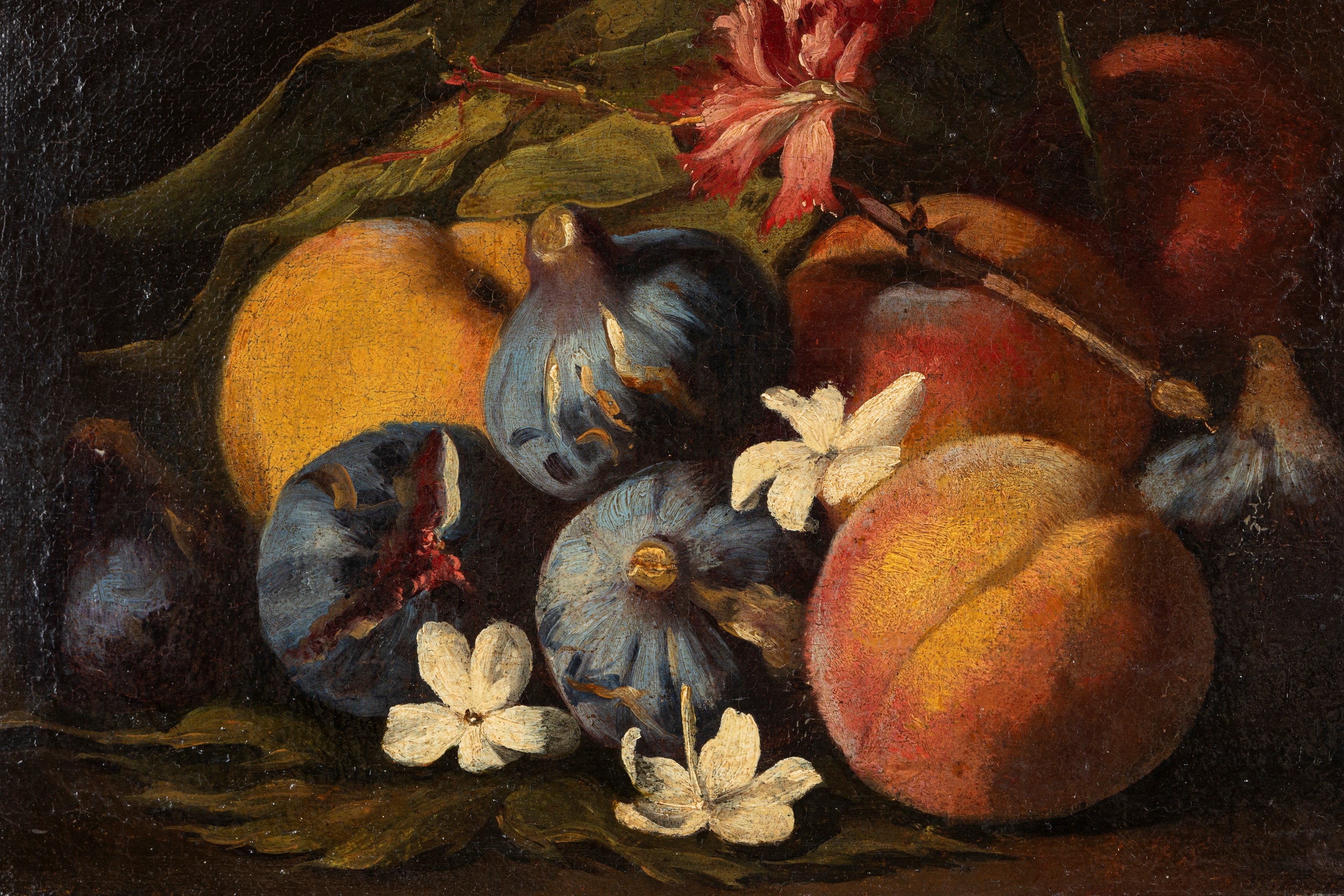 Aniello Ascione - Fichi, prugne, melograno e fiori e Fichi, pesche e fiori, coppia di oli su tela