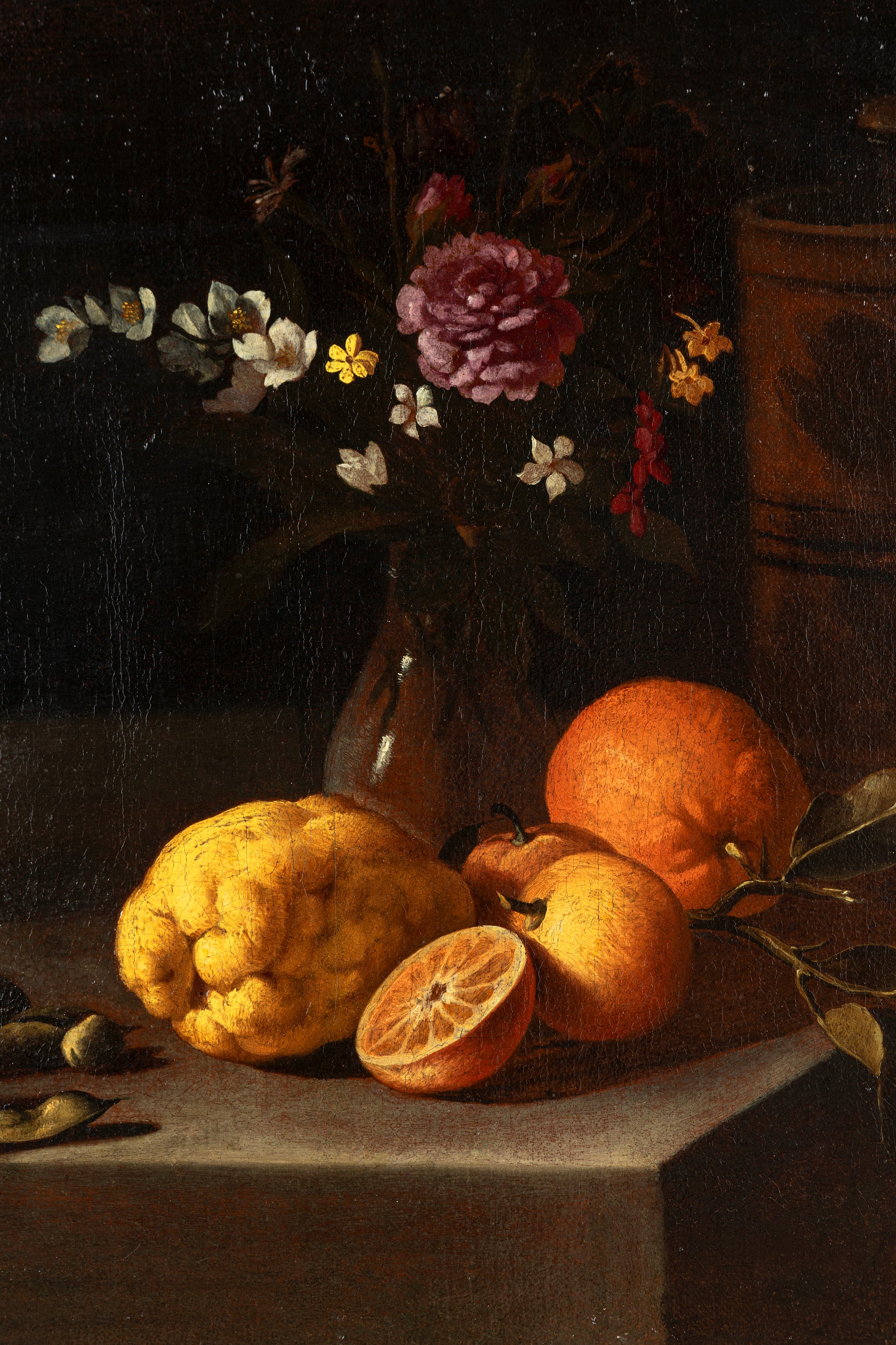 Attribuito a Luca Forte (napoli, 1600/1605 – 1670) - Luca Forte, Agrumi, vaso di fiori, legumi e ...