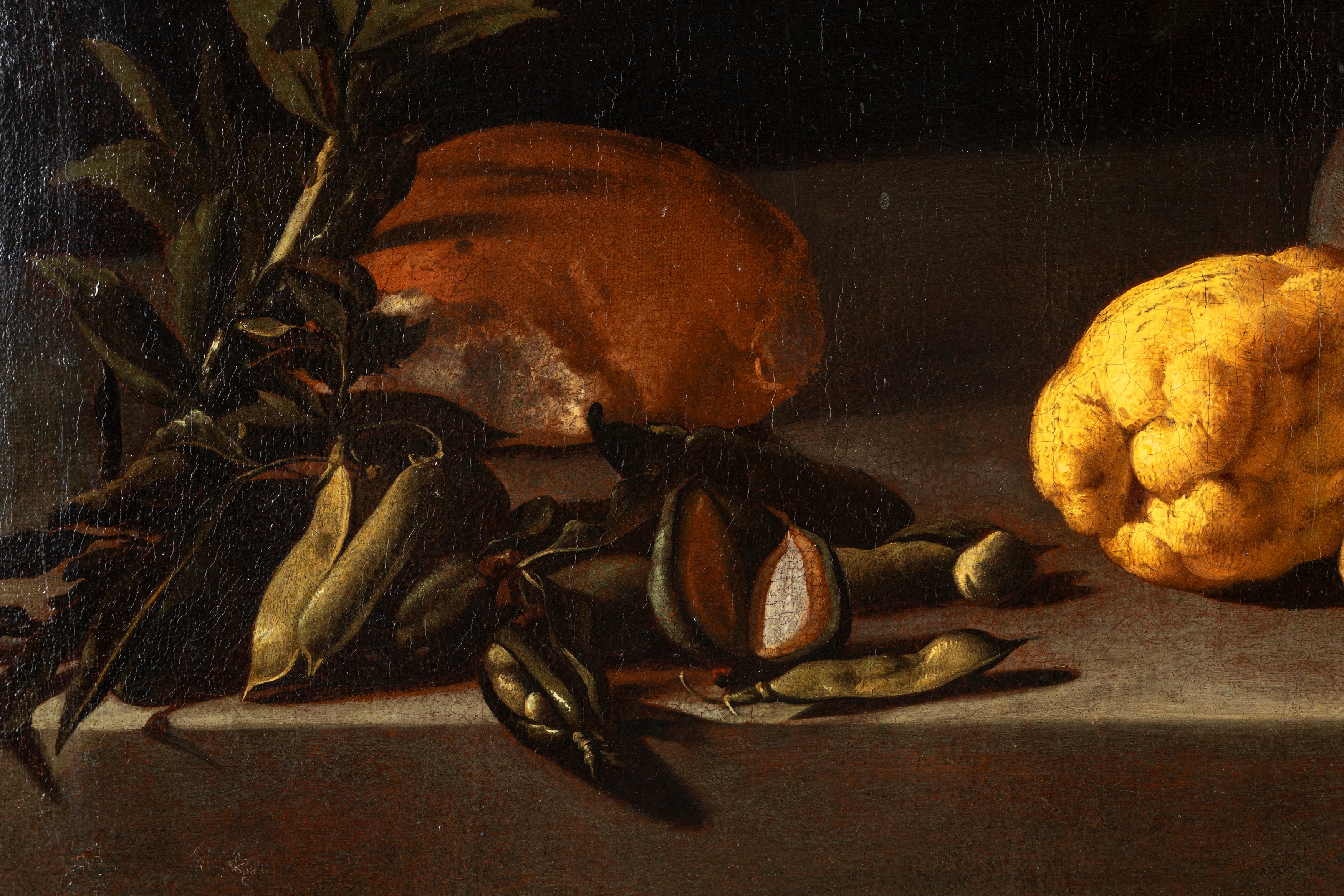 Attribuito a Luca Forte (napoli, 1600/1605 – 1670) - Luca Forte, Agrumi, vaso di fiori, legumi e ...