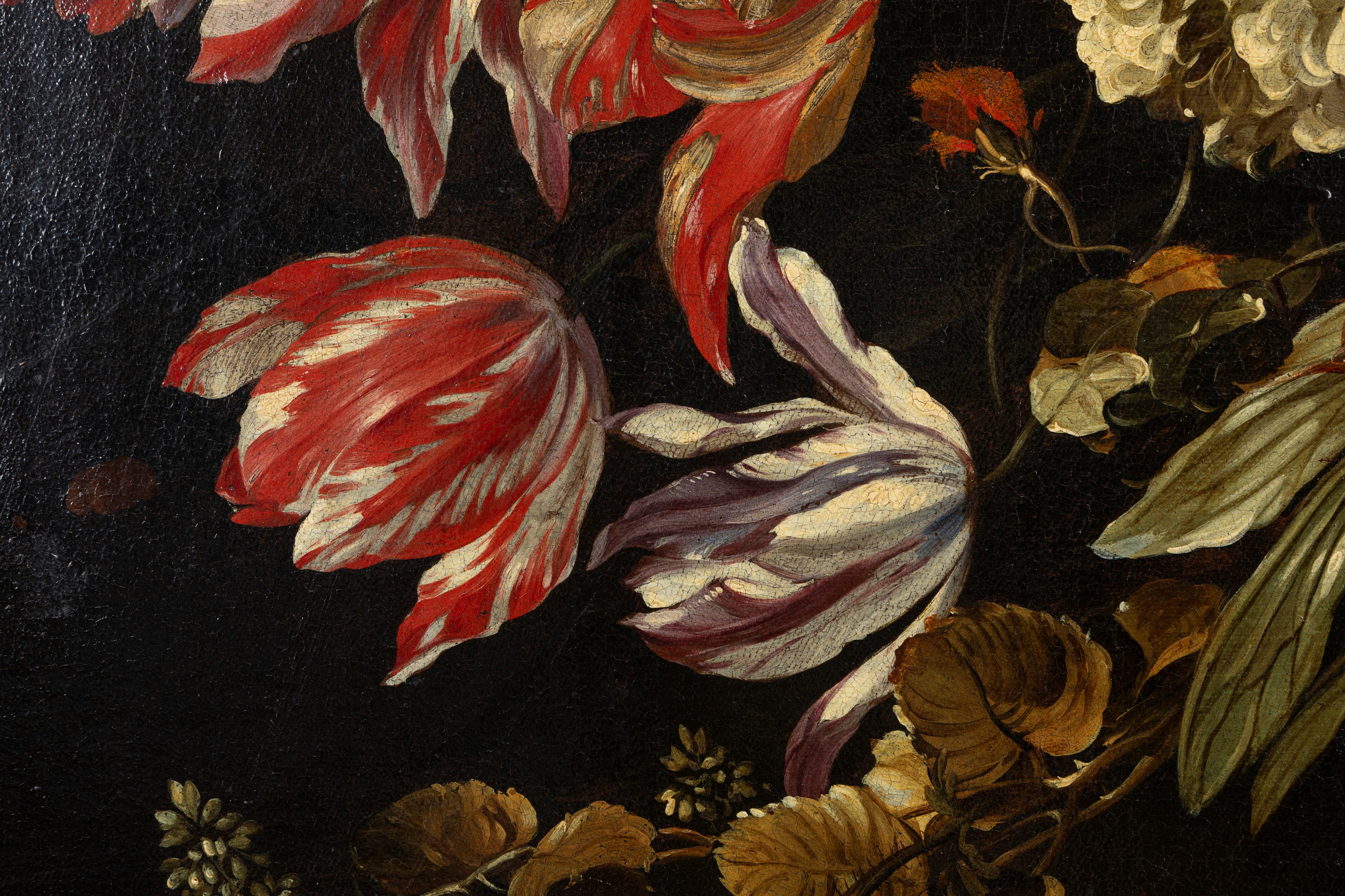 Paolo Porpora - Fiori in un vaso decorato con putti, olio su tela