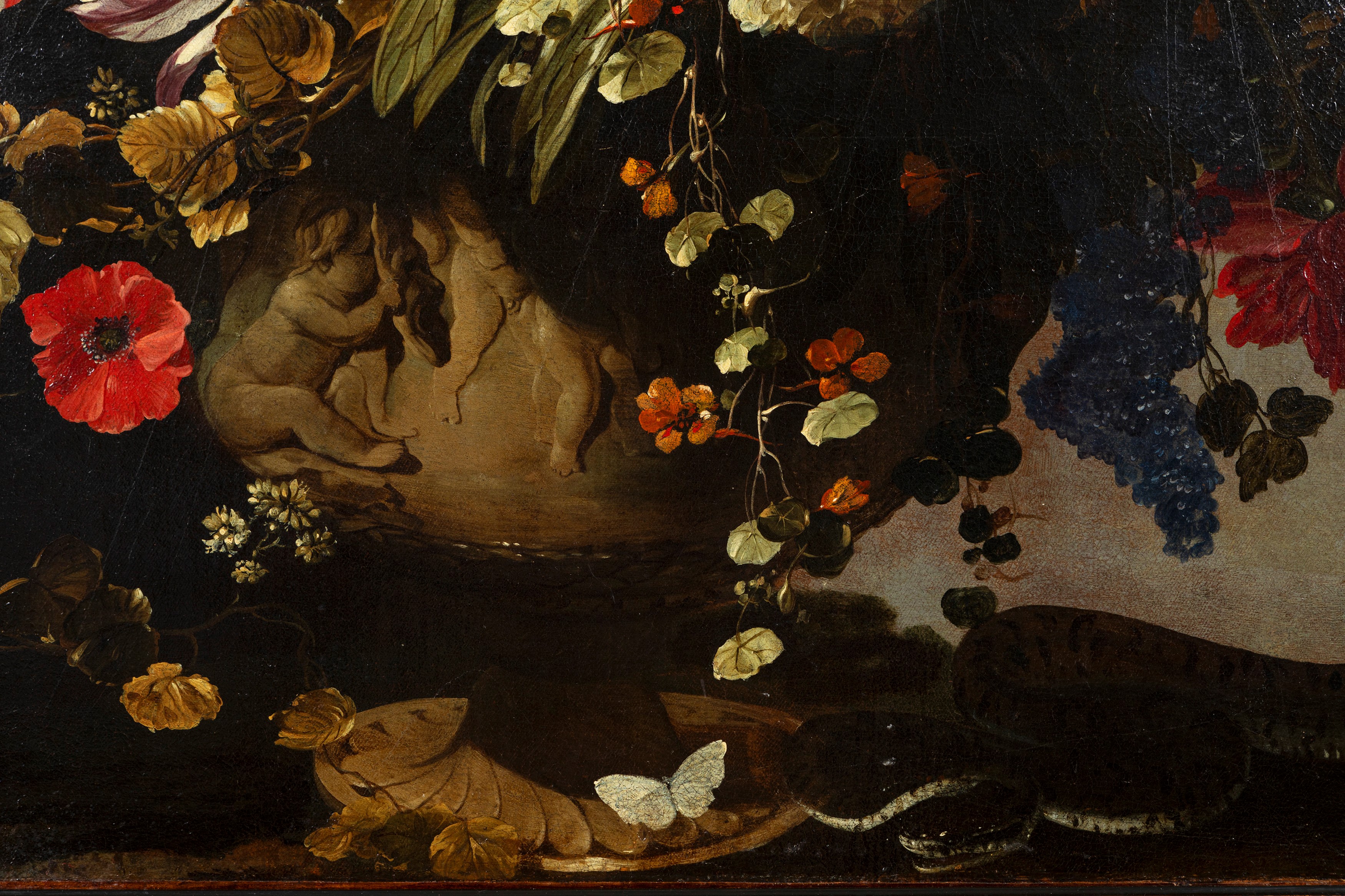 Paolo Porpora - Fiori in un vaso decorato con putti, olio su tela