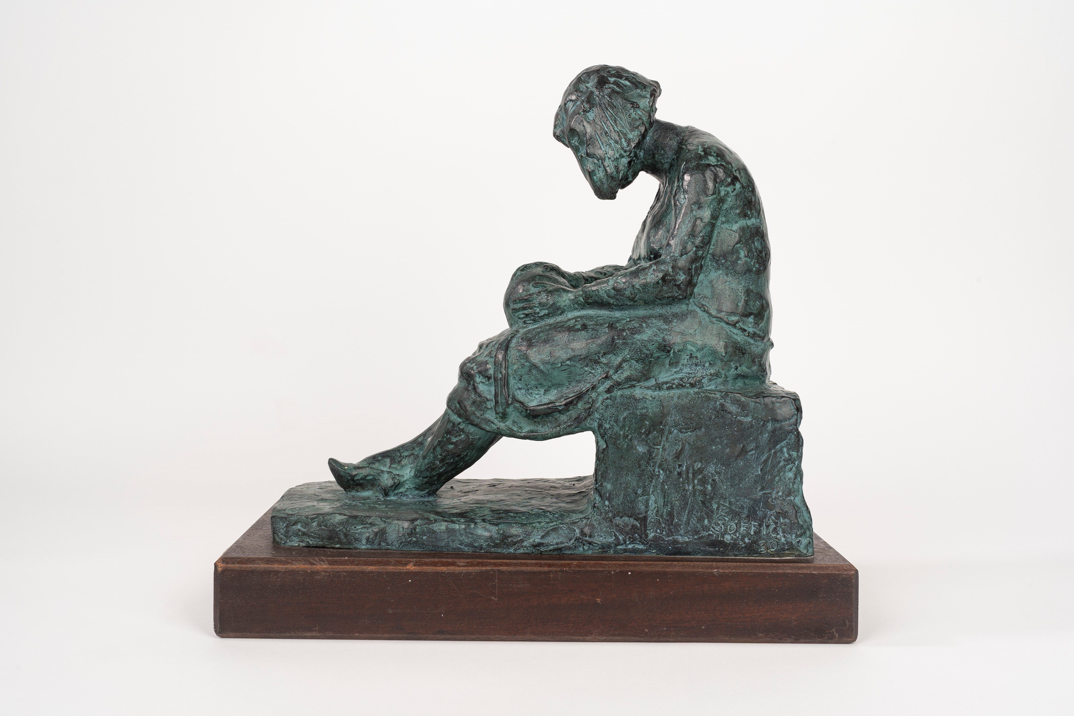 Ardengo Soffici - Donna che lavora a un cappello di paglia, multiplo in bronzo patina verde, es. ...