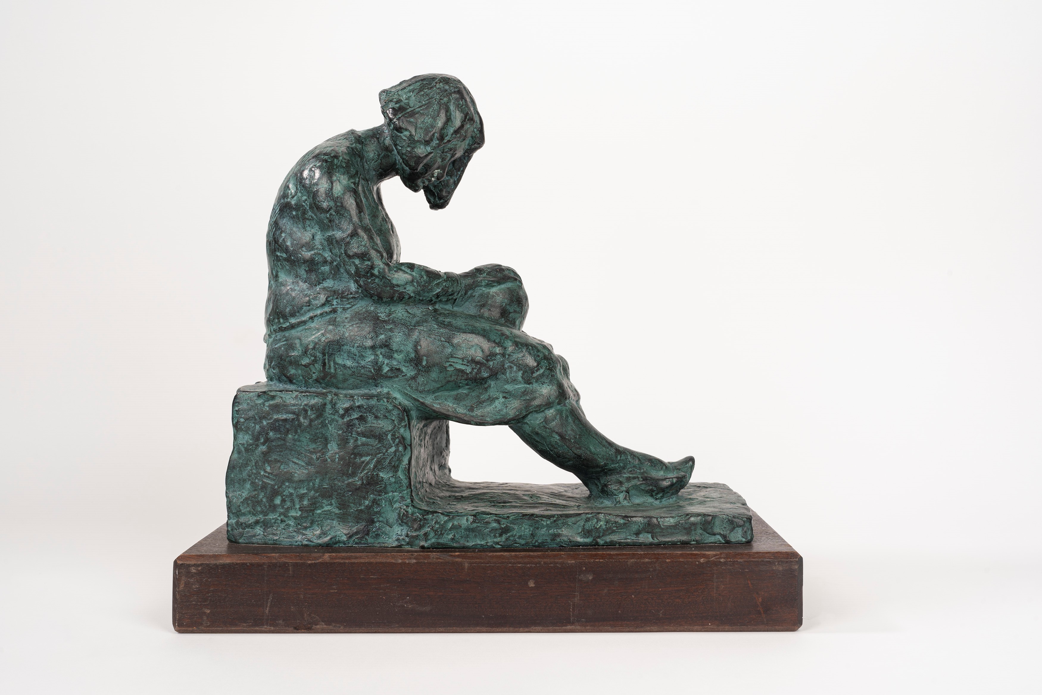 Ardengo Soffici - Donna che lavora a un cappello di paglia, multiplo in bronzo patina verde, es. ...