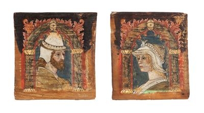 Autore non identificato, Ritratto di gentiluomo con elmo e Ritratto di gentildonna con elmo, copp...