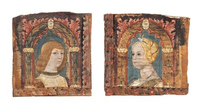 Autore ignoto, Ritratto di gentiluomo e Ritratto di gentildonna, coppia di tavelle da soffitto, t...