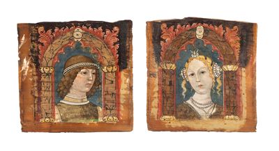 Ritratto di gentiluomo e Ritratto di gentildonna, coppia di tavelle da soffitto, tempera su tavol...