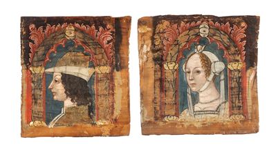 Ritratto di gentiluomo e Ritratto di gentildonna, coppia di tavelle da soffitto, tempera su tavol...