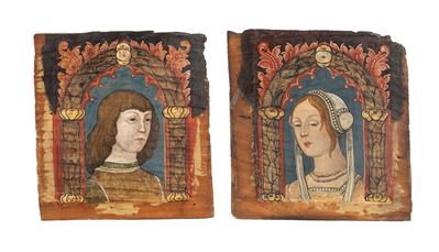 Ritratto di gentiluomo e Ritratto di gentildonna, coppia di tavelle da soffitto, tempera su tavol...