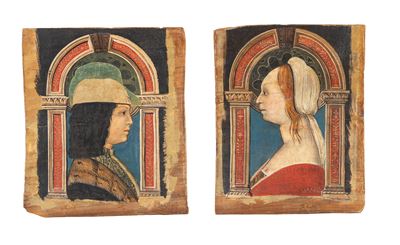 Ritratto di gentiluomo di profilo e gentildonna di profilo, coppia di tavelle da soffitto, temper...