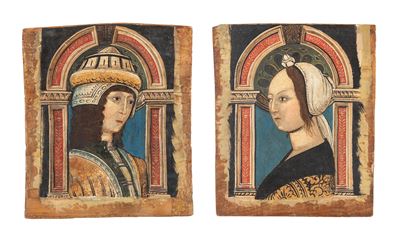 Autore non identificato, Coppia di ritratti a tre quarti di gentiluomo e gentildonna, tempera su ...
