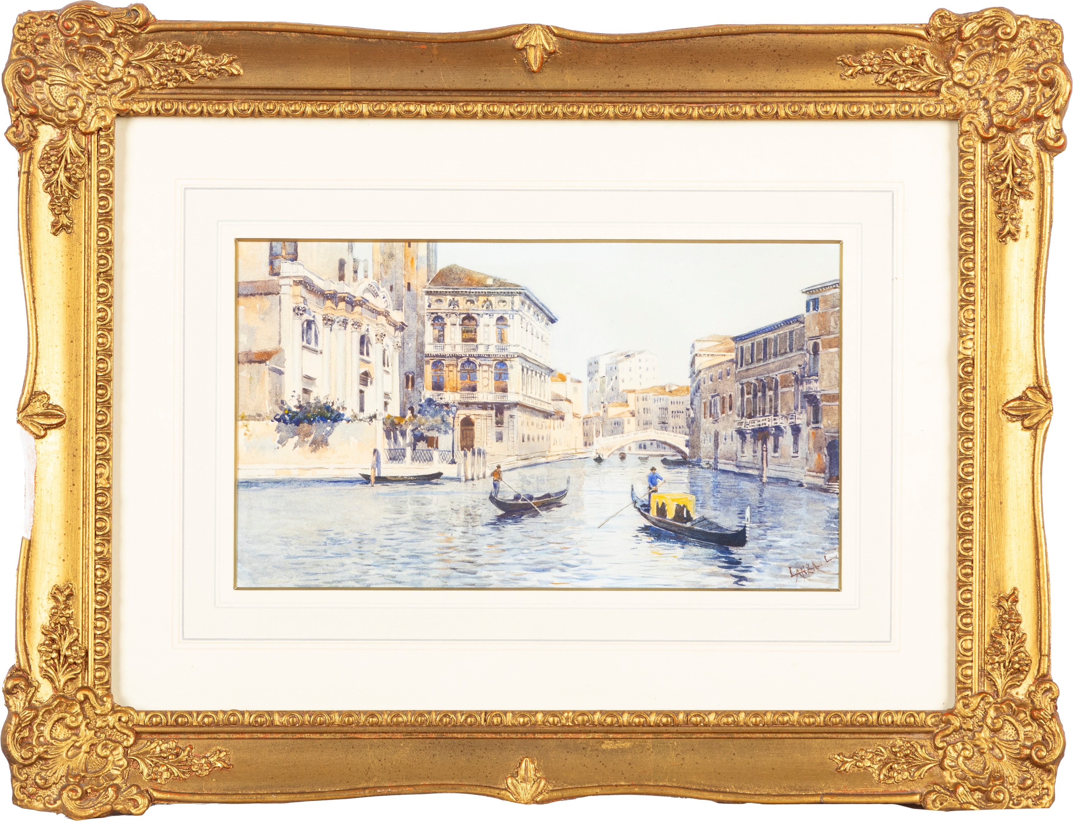 Luigi Lanza - Venezia, gondolieri al Ponte delle Guglie, acquerello su carta