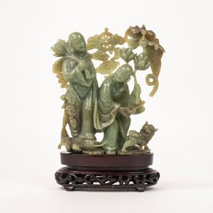  - Sculptural group in green hard stone, China, 20th century