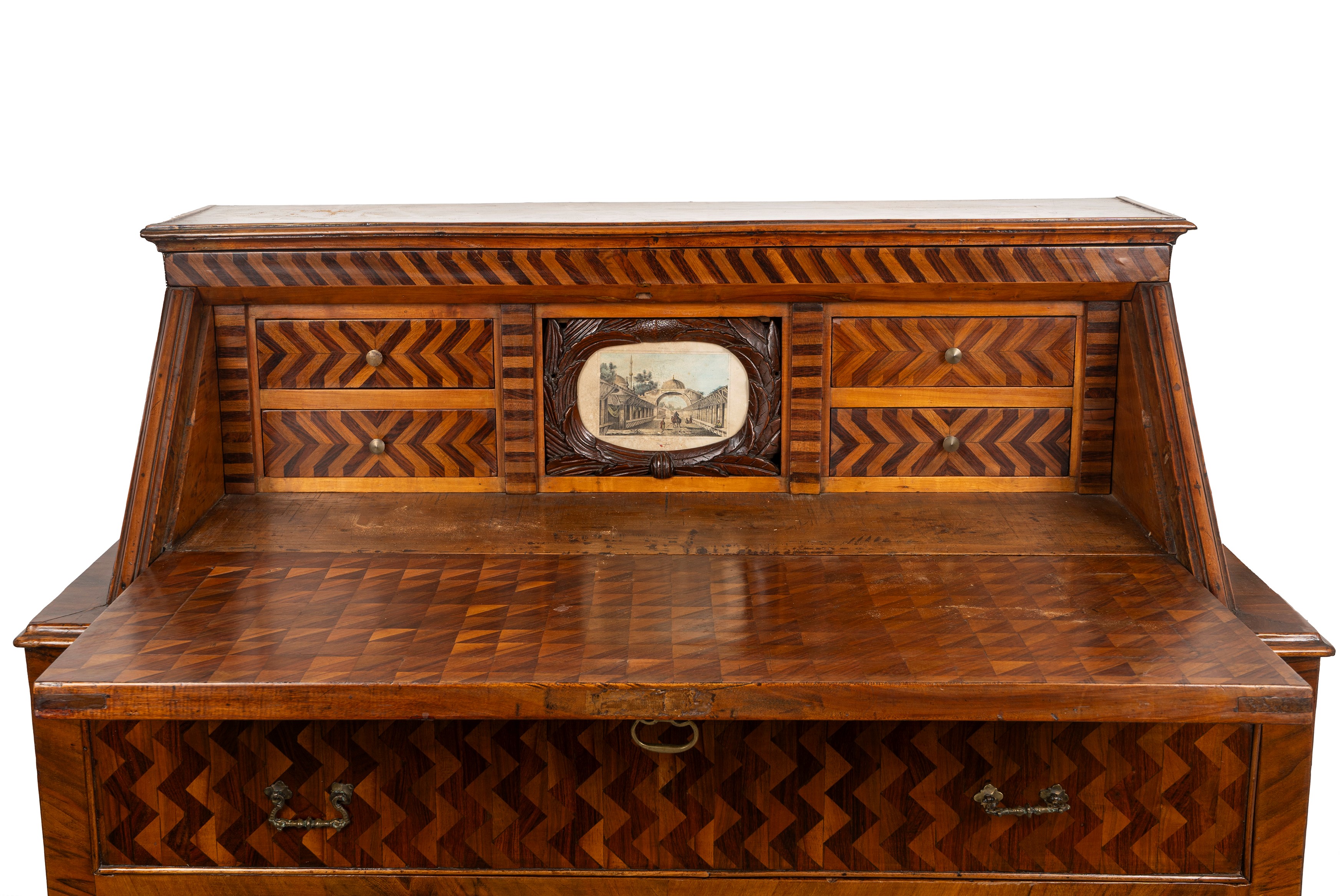 Ribalta in legno intarsiato a motivi geometrici, secolo XVIII