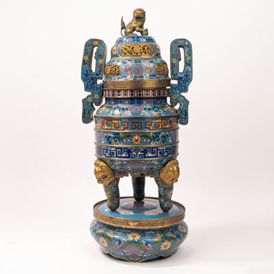 Grande Brucia Incensi Biansato in Smalti Cloisonné, Cina Secolo XX