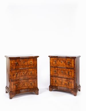 Two walnut burl veneered and inlaid bedside tables