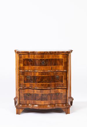 Small walnut and walnut burl veneered and inlaid chest of drawers 