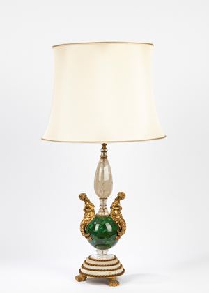  - Lampada da tavolo stile Impero in cristallo di Rocca e malachite montata in bronzo dorato