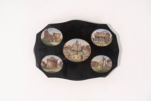 Fermacarte in marmo nero del Belgio con cinque micromosaici, secolo XIX
