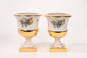 Pair of polychrome ceramic crater vases, Borghese Pratica di Mare manufacture, 1930s