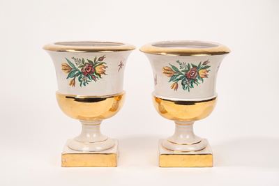Coppia di Vasi a Cratere in Ceramica Policroma, Manifattura Borghese Pratica di Mare, Anni '30 de...