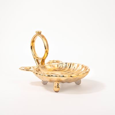 Centrotavola a Forma di Conchiglia in Porcellana Dorata, Manifattura Borghese Pratica di Mare, An...