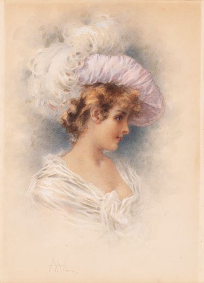 Donna con cappello, acquerello su carta