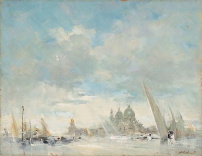 Venezia, bacino di San Marco con la Punta della Dogana, olio su compensato