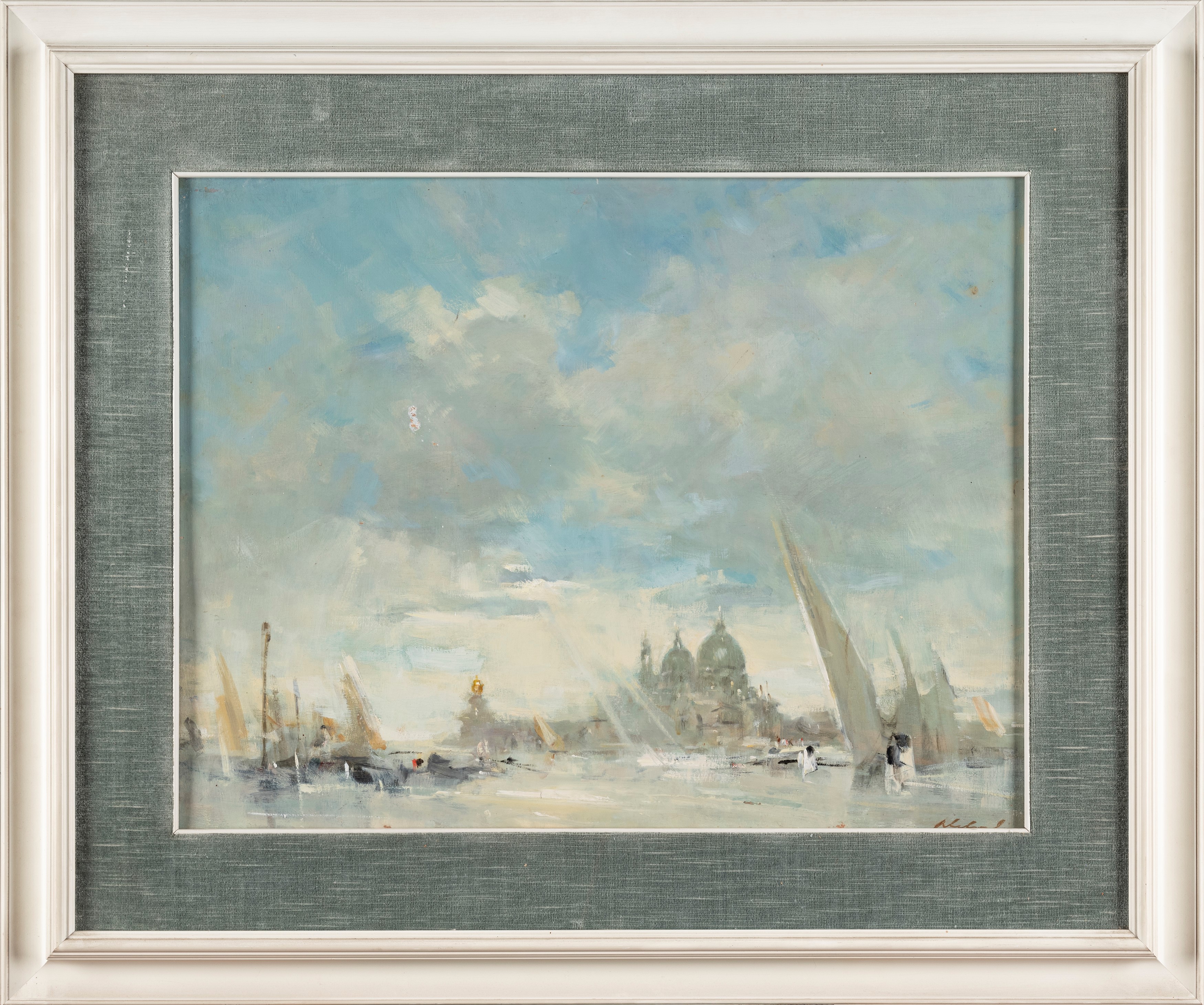 Angiolo Alebardi - Venezia, bacino di San Marco con la Punta della Dogana, olio su compensato