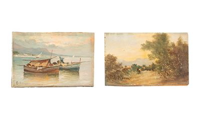 Marina con barche e Paesaggio con figure, coppia, olio su compensato