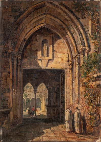 Anonimo, Nel monastero, olio su tela