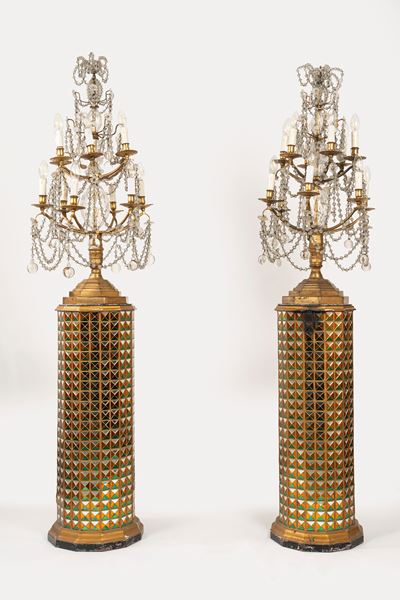 Coppia di Girandoles in Bronzo Dorato e Cristallo, Secolo XIX