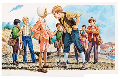 Illustrazione originale per Le avventure di Pinocchio, tempera su cartone sagomato