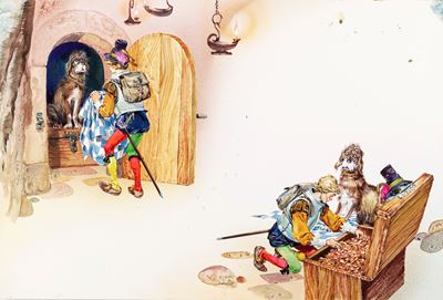 L'acciarino magico, tempera su cartone