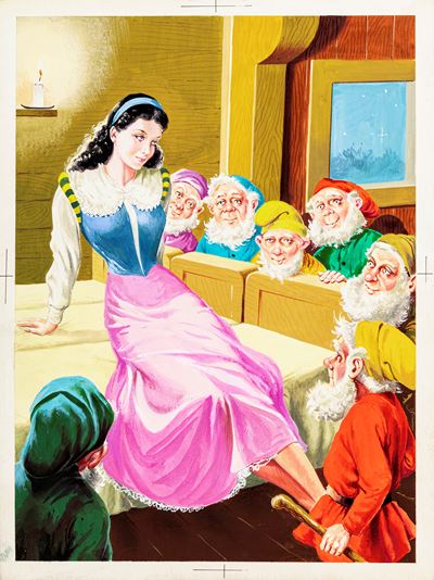 Biancaneve e i sette nani, tempera su cartone
