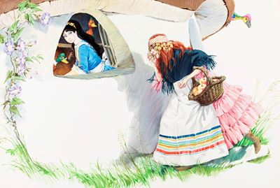 Biancaneve e i sette nani - Illustrazione originale del 1977, tempera su cartone