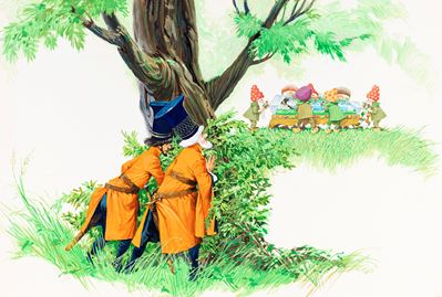 Biancaneve e i sette nani, tempera su cartone