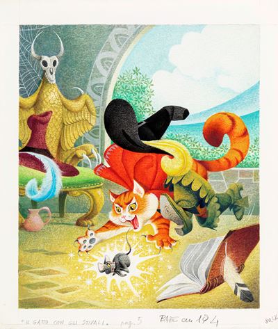 Illustrazione per 'Il gatto con gli stivali', tempera su cartoncino