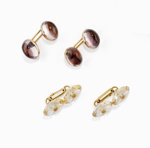 Two pair of 14K yellow gold, amethyst and quartz cufflinks