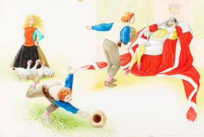 La piccola guardiana d'oche, pastelli, tempera e acquerello su cartone