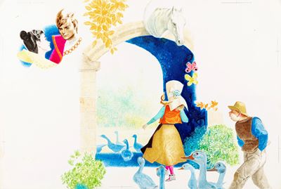 La piccola guardiana d'oche, pastelli, tempera e acquerello su cartone