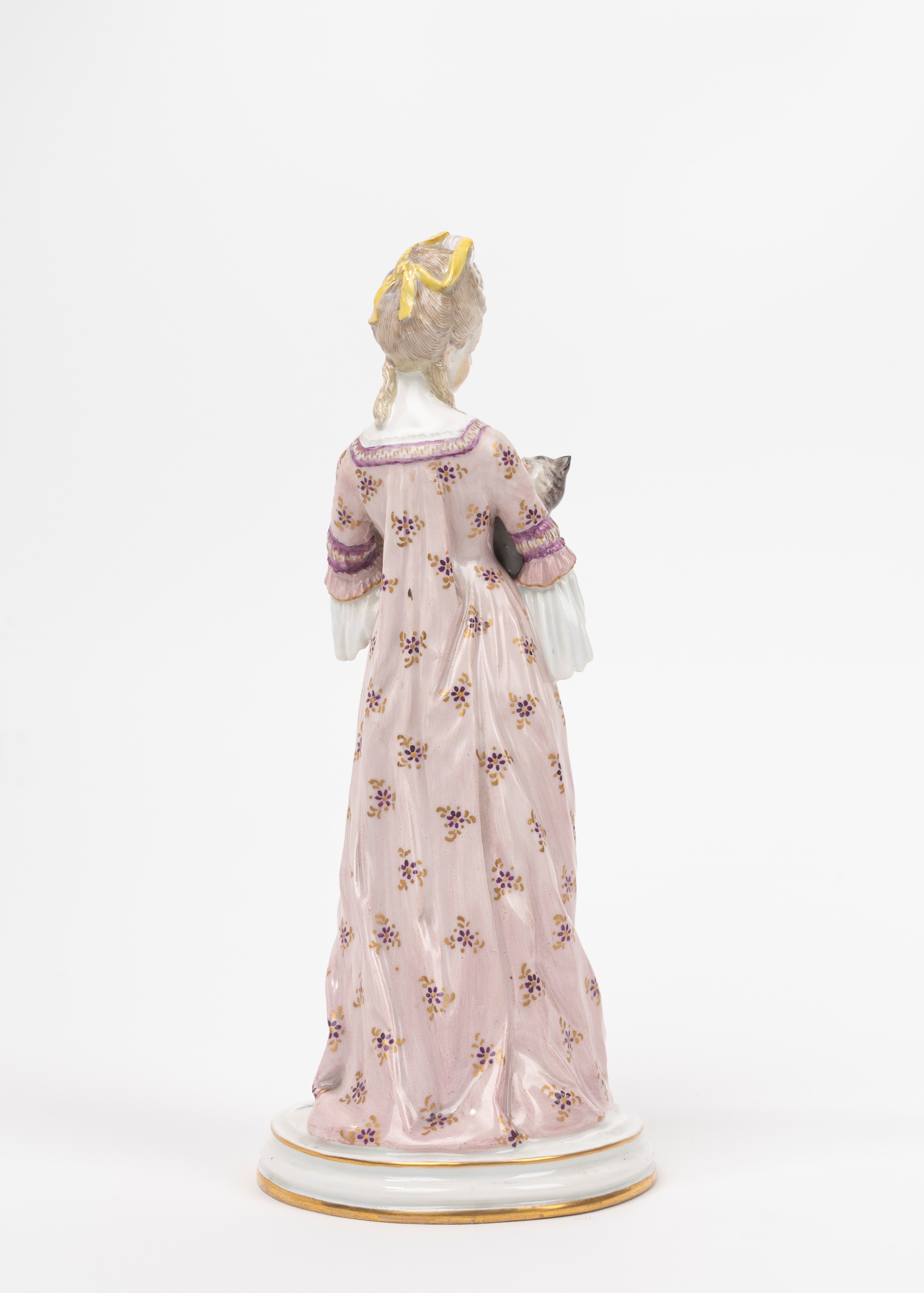 Scultura in Porcellana Policroma Raffigurante Dama con Gattino, Meissen Secolo XIX