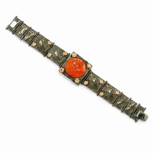 A silver, coral and diamond bracelet