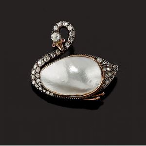 A silver, 18K yellow gold, diamond, ruby and mab&#232; pearl brooch