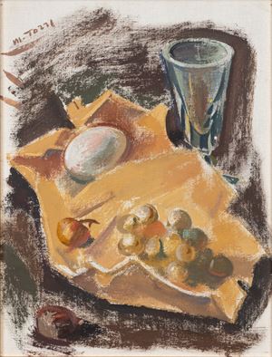 Natura morta con uovo e bicchiere