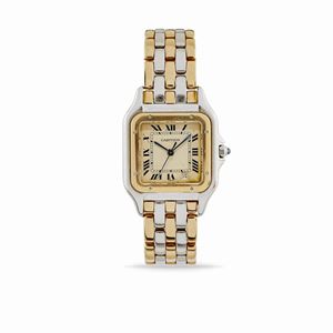 A stainless steel and gold lady's wristwatch, Cartier Santos, with box