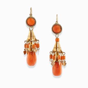 A low-carat yellow gold and coral pendant earrings, with box, defects