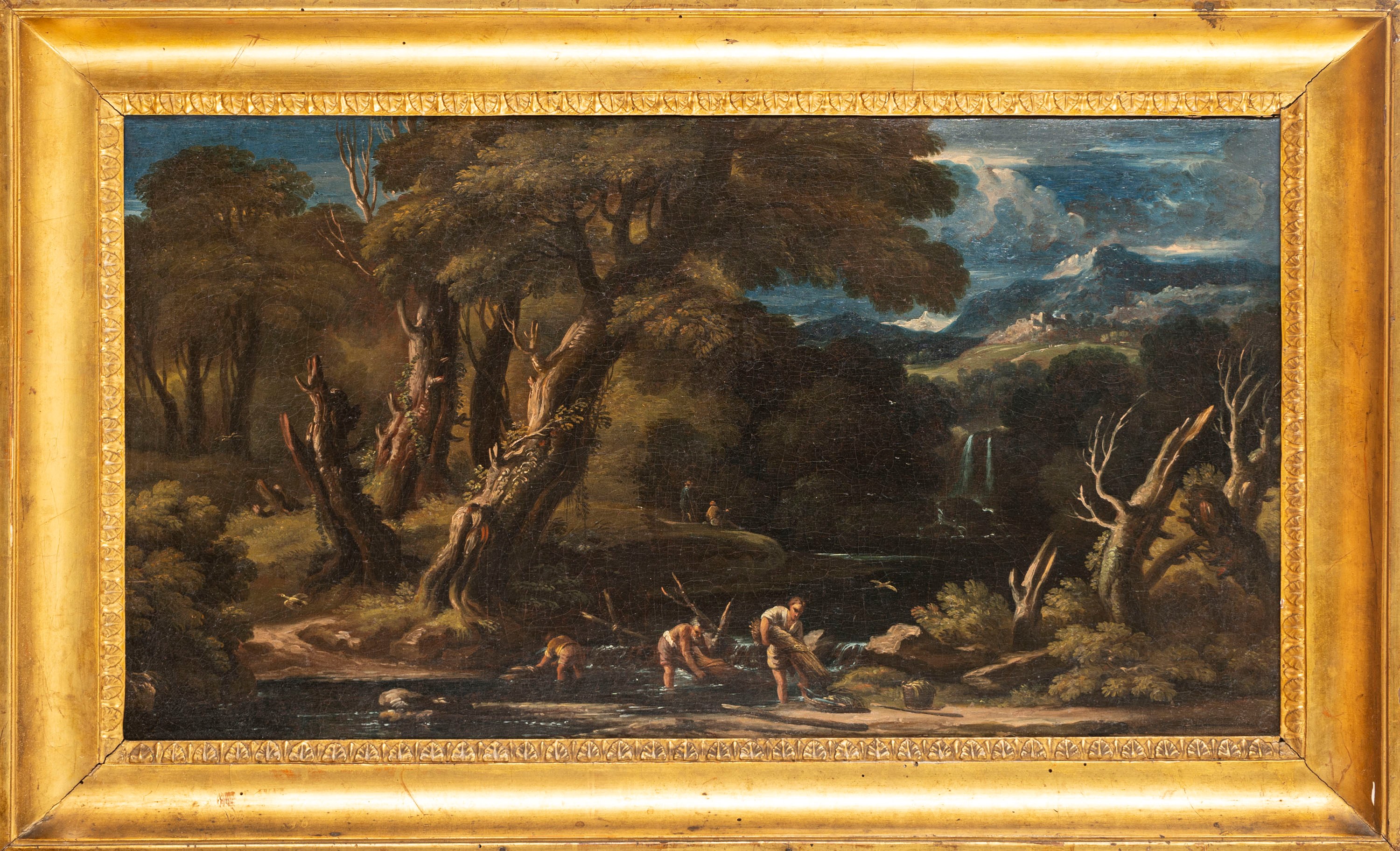 Scuola Romana, Secolo XVII - Paesaggio fluviale con pescatori in riva e cascata sullo sfondo, oli...