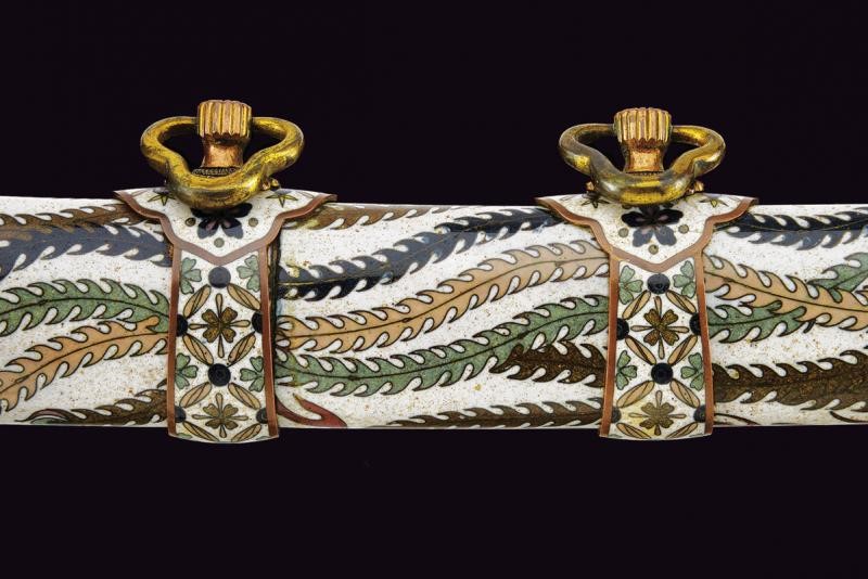 Koshirae per Tachi, Giappone, circa 1880, smalto policromo