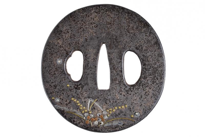 Tsuba, ferro, forma naga-maru-gata, decorata con grillo e erba in argento e ottone